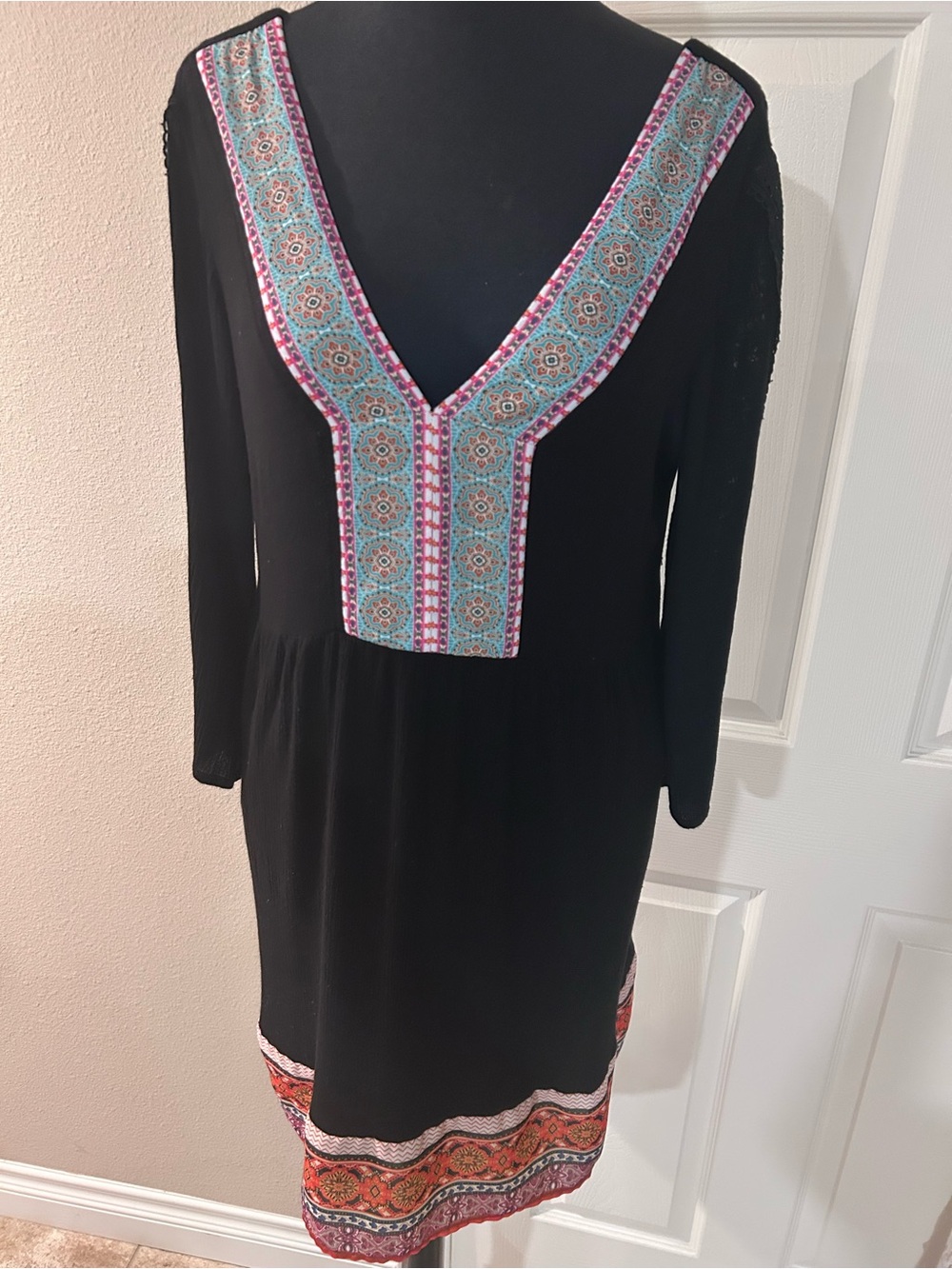 Black Dress with Multicolor Embroidered Trim V neck medium BOHO